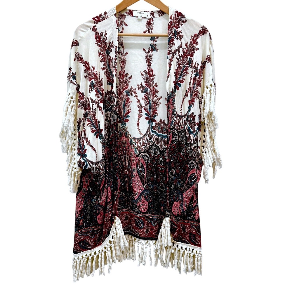Umgee Paisley Fringe Kimono Women S/M Cream Burgundy‎ Boho Tassel Excellent